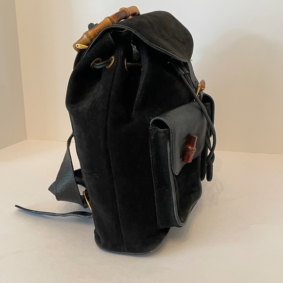 Gucci Black Leather Suede Bamboo Backpack Bag